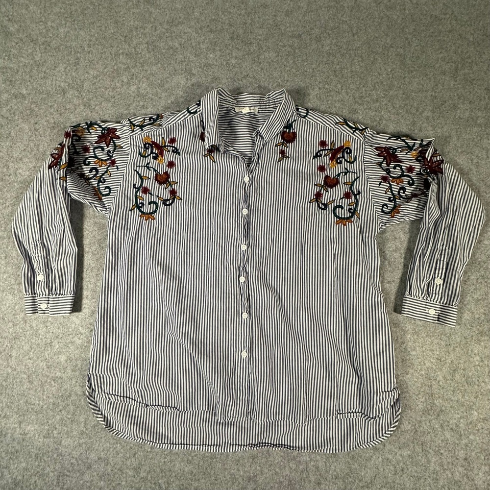 Beachlunchlounge Button Up Shirt Womens XL Blue White Striped Floral Embroidered